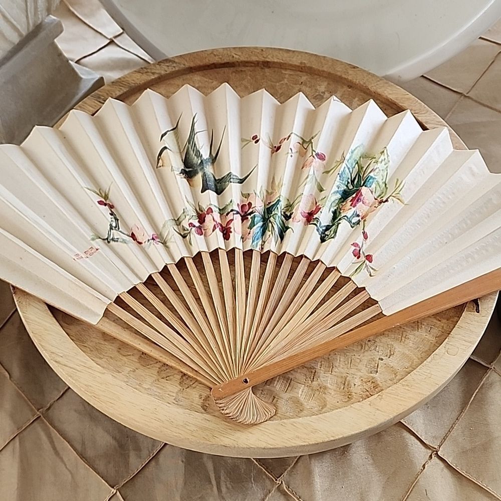 Vintage Paper Chinese and Wood Bird and Floral Fan Romantic Feminine Coquette